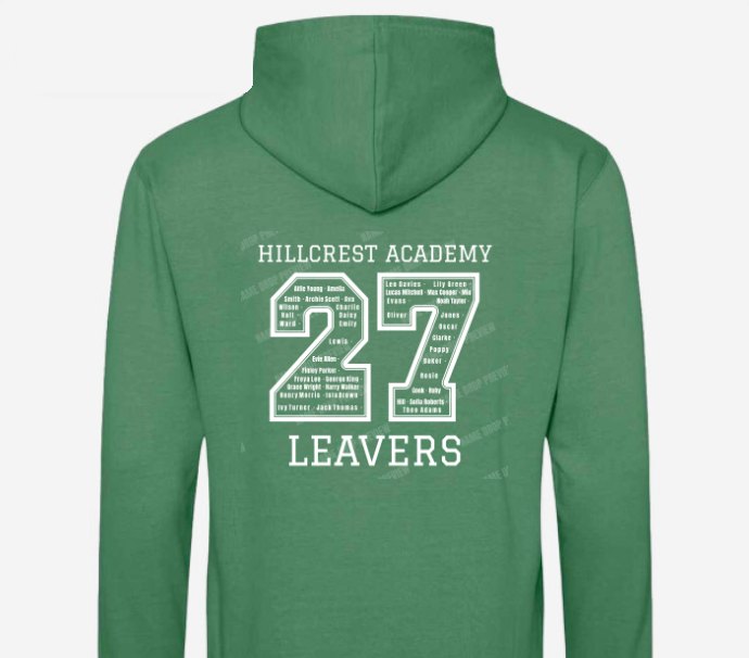 Leavers hoodie back with every student name fitted inside the 27 by Name Drop