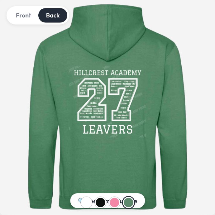 Hoodie back with every student name fitted inside the 27