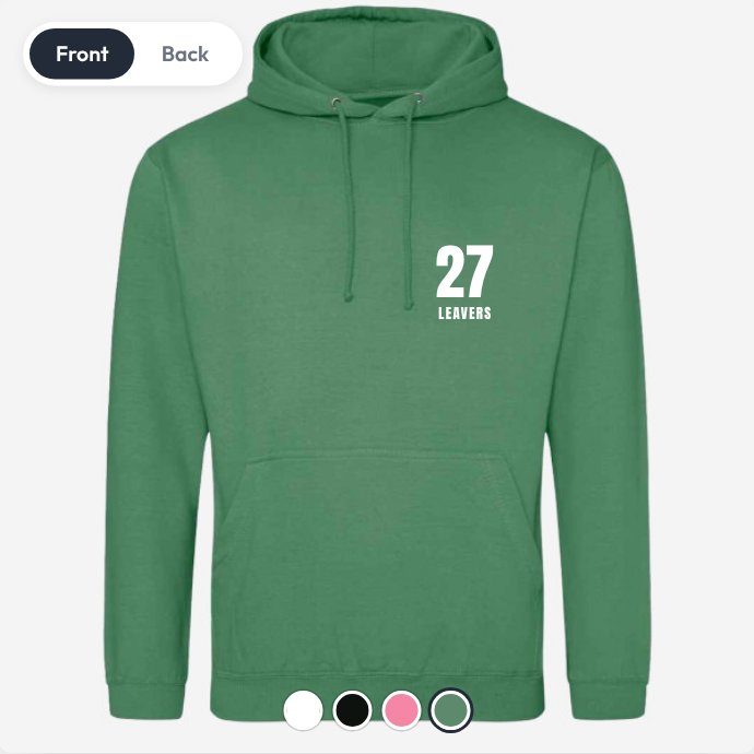 Front of the hoodie with a small 27 Leavers chest print