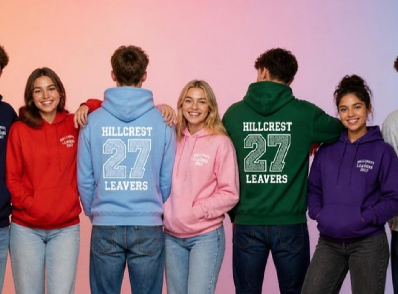 A group of school leavers wearing coloured leavers hoodies with names inside the year numbers
