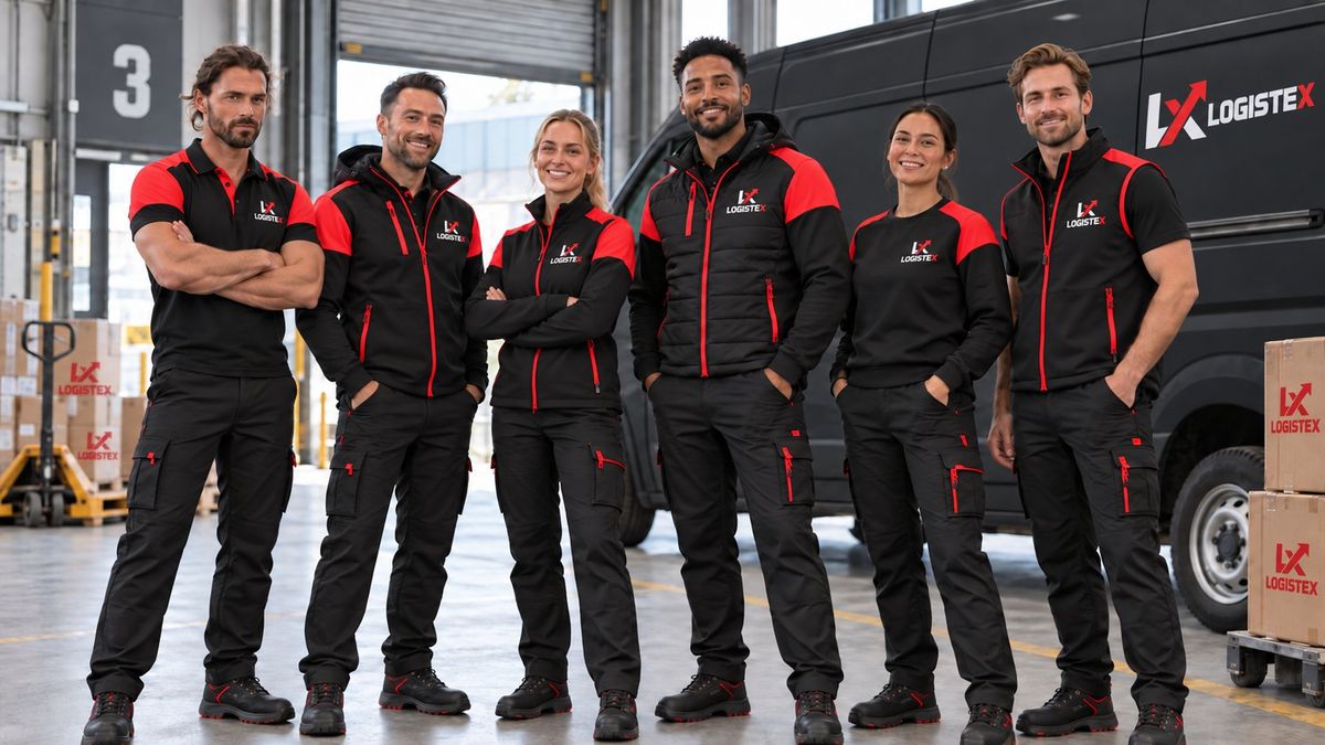 Logistics team in Workwear Direct Metro range uniforms beside their branded van